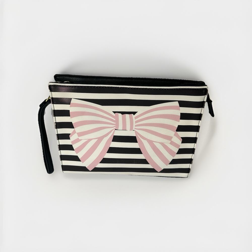 Betsey Johnson Large Striped Pink Bow Clutch / Cosmetic Bag